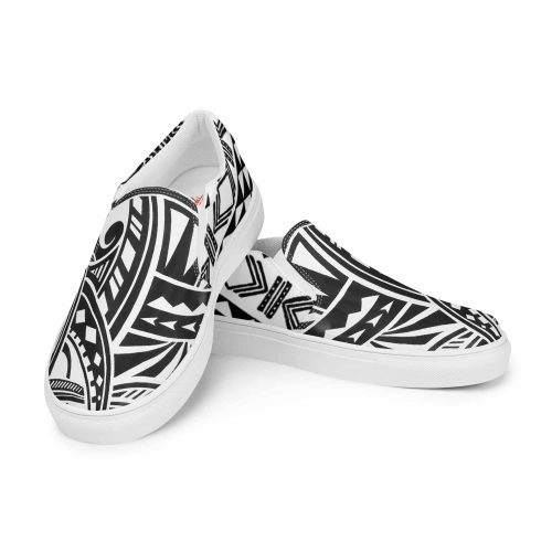 Bold B&W South Seas High Chief Tattoo Motif Men's Beachy Canvas Slip Ons